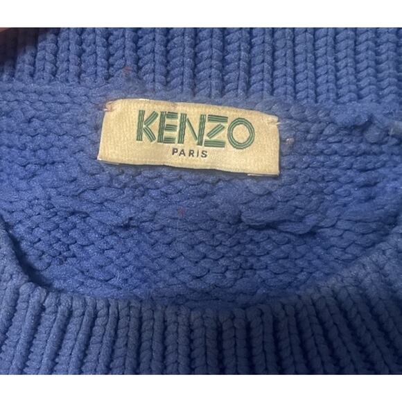Vtg Kenzo Unisex M Colorblock Blue PinkRed Cable Knit Wool Pullover Sweater VGUC - Picture 3 of 4
